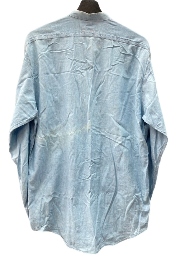 ダブルアールエル RRL 三ツ星タグ DENIM SHIRT デニム バンドカラー シャンブレー フロントボタン ヴィンテージ VINTAGE ラルフローレン RALPH LAUREN マレーシア製 ライトブルー 水色 長袖シャツ 無地 ブルー Sサイズ 104MT-1955