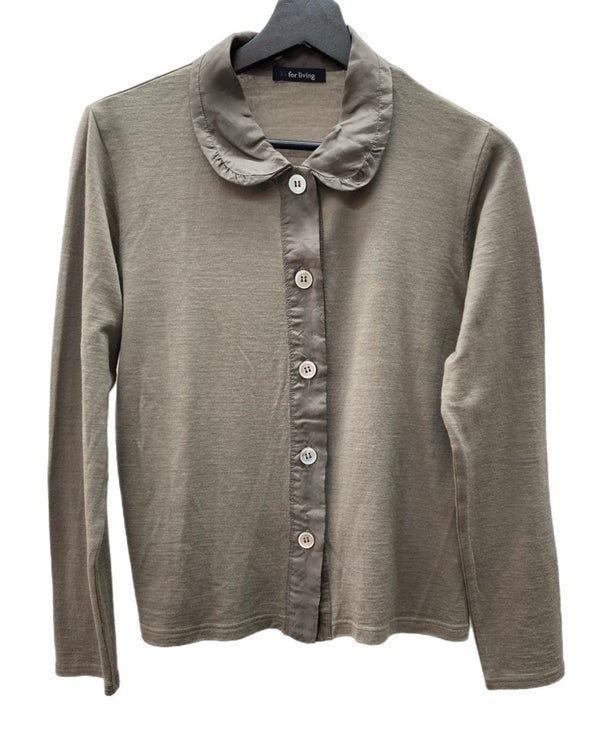 ワイズ Y's フォーリビング for living 薄手 シャツ ブラウス 丸襟フロントボタン 異素材 WOOL ウール 毛 日本製 BEIGE BROWN  カーディガン 無地 ブラウン 104LT-246
