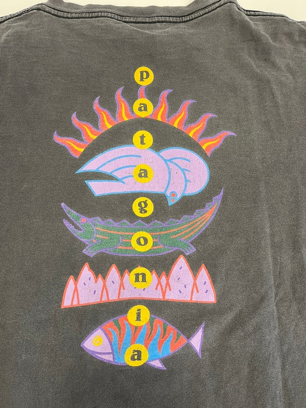 パタゴニア PATAGONIA 90s Vintage ヴィンテージ 雪なしタグ USA製 生態系 絶滅危惧種 プリントTシャツ 半袖カットソー 墨黒 XL Tシャツ ブラック LLサイズ 101MT-4700