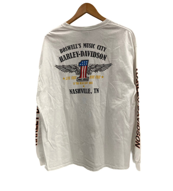 ハーレーダビッドソン Harley-Davidson バーアンドシールドロゴ No.1 RWBロゴ LIVE FREE RIDE FREE 袖プリント 両面プリント XL ロンT ホワイト LLサイズ 101MT-4539