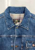 ダブルアールエル RRL 90s DENIM JACKET デニム ジャケット 三ツ星タグ USA製 シンチバック 裏地チェック Ralph Lauren 青 ジャケット ロゴ ブルー Mサイズ 104MT-1366