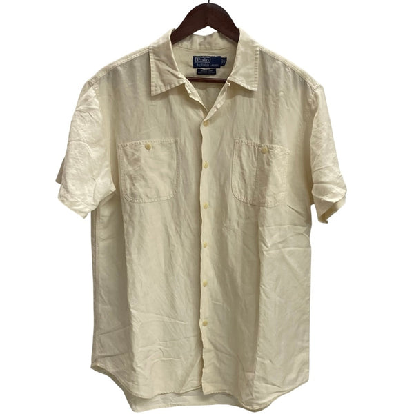 【曜日割引対象外】 ラルフローレン POLO RALPH LAUREN 90's BEACH CAMP オープンカラーシャツ リネン シルク 半袖シャツ ホワイト Lサイズ 201MT-3891 VB