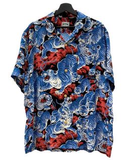 ヒューストン HOUSTON ALOHA SHIRT アロハ シャツ ウッドボタン オープンカラー ハワイアン タイガー 百虎 虎 開襟 半袖 青 ブルー 41022 半袖シャツ 総柄 マルチカラー Lサイズ 104MT-2331
