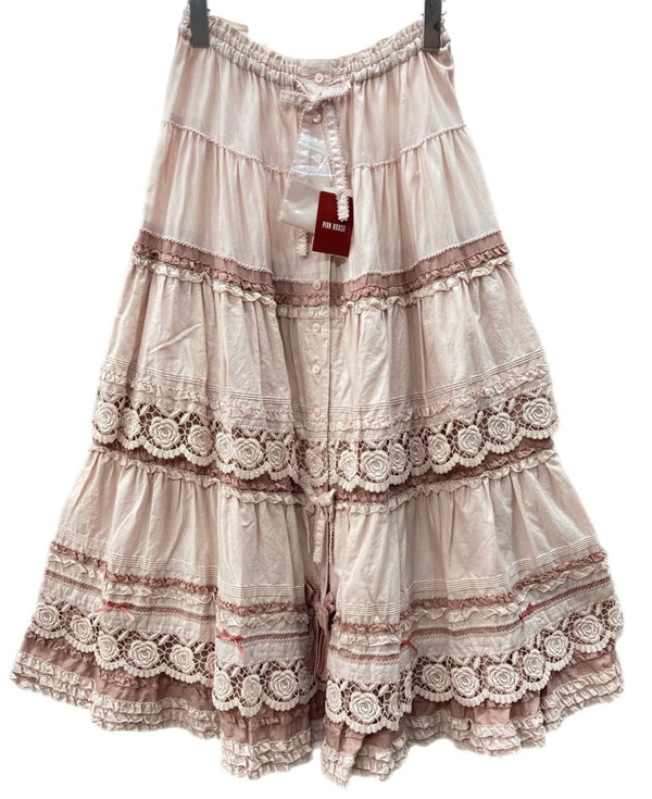 ピンクハウス PINKHOUSE ローズレース使い ロサケンティフォリアモチーフ リボン ミニサテン ピコフリル レース ティアード フロントボタン ROSE コットン 綿 ロリータ ゴスロリ PINK A2143FSY368 スカート 花 104LB-43