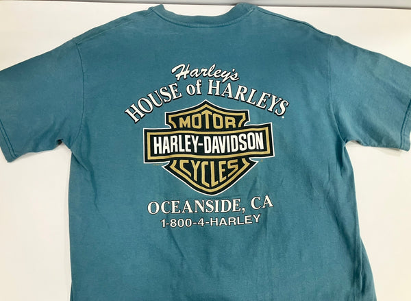 ハーレーダビッドソン Harley-Davidson 90’s  90年代 バーアンドシールドロゴ モーターサイクル  両面プリント MADE IN USA アメリカ製 VINTAGE ヴィンテージ  Tシャツ グリーン Lサイズ 101MT-4590