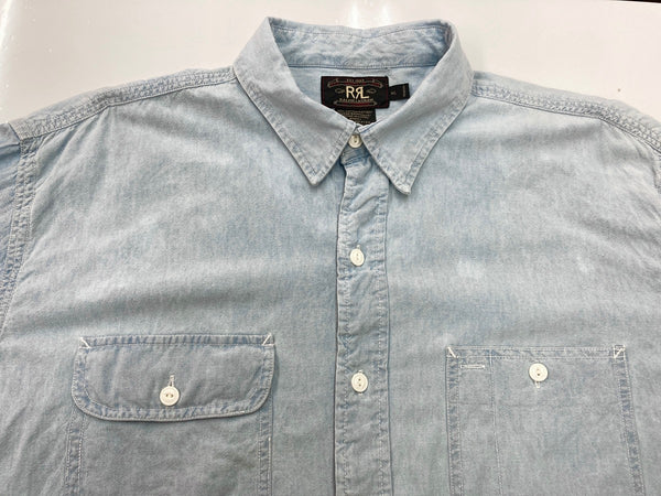 ダブルアールエル RRL 90s 三ツ星タグ ガチャポケ シャンブレー  猫目ボタン ワークシャツ 水色 長袖シャツ 無地 ブルー XLサイズ 104MT-2056