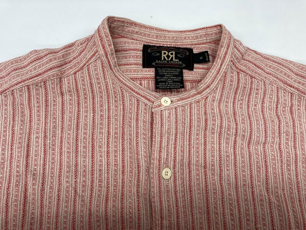 ダブルアールエル RRL 90s 三ツ星タグ SHIRT バンドカラー フロントボタン ヴィンテージ VINTAGE ラルフローレン RALPH LAUREN リネン コットン マレーシア製 RED 赤 長袖シャツ ストライプ レッド Mサイズ 104MT-1970