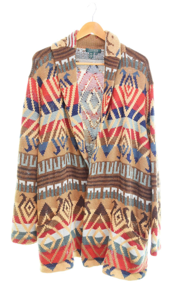 ラルフローレン RalphLauren COTTON SHAWL NATIVE GOWN ネイティブ柄 ショールカラー コットン×リネン ハンドニット ガウン カーディガン マルチカラー 3Lサイズ 103MT-2477