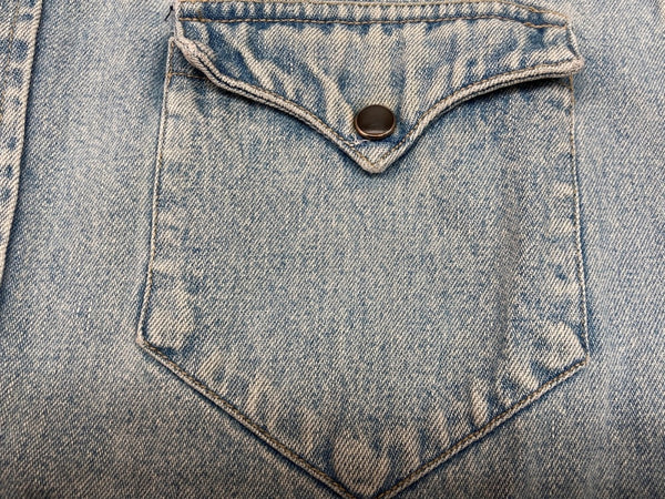 ダブルアールエル RRL 90s 三ツ星タグ DENIM SHIRT デニム ウエスタン メタルスナップボタン ヴィンテージ VINTAGE ラルフローレン RALPH LAUREN マレーシア製 ライトブルー 水色 長袖シャツ 無地 ブルー Mサイズ 104MT-1956