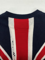 バルマン BALMAIN DAMAGE KNIT ダメージ ニット ユニオンジャック ショルダーボタン ダメージ加工 クルーネック 国旗 白 赤 紺 セーター 総柄 レッド Sサイズ 104MT-1082