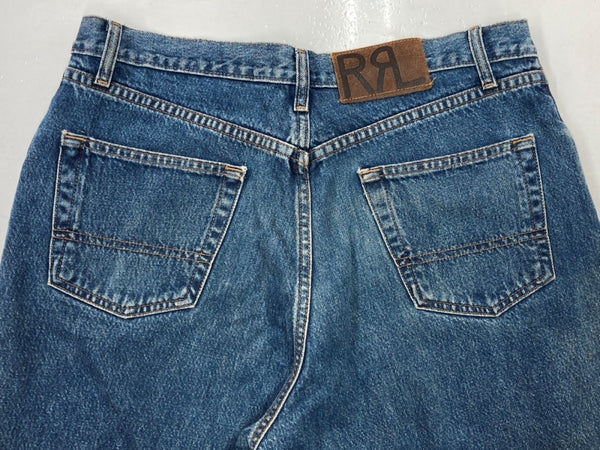ダブルアールエル RRL 90s DENIM PANTS デニム パンツ ジップフライ ジーパン ジーンズ USA製 Ralph Lauren インディゴ 青 ロゴ R004 デニム ブルー サイズ 35 104MB-232