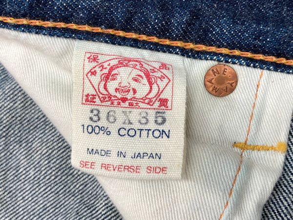 エヴィス EVISU No.2 大黒 ビッグカモメ ペイント ペンキ セルビッチ ボタンフライ ピンク 紺 ロゴ デニム ネイビー 36×35 104MB-357