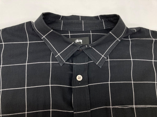 ステューシー STUSSY LIGHT WEIGHT CLASSIC SHIRT ライト ウェイト クラシック ステンカラー フロントボタン 胸ポケット ロゴ 刺繍 BLACK 黒 長袖シャツ チェック ブラック Lサイズ 104MT-1775