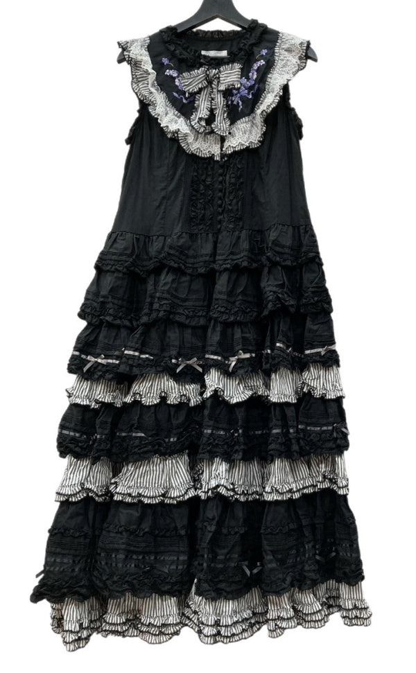 ピンクハウス PINKHOUSE 24SS ストライプ使い ノースリーブ フリル ドレス DRESS レース 刺繍 リボン ピコフリル ロリータ ゴシック パンク BLACK 黒 A2141FAY308 ワンピース 花・植物 ブラック 104LT-204