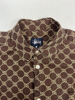 ステューシー STUSSY 90s 90's OLD STUSSY モノグラム 総柄 紺タグ USA製 SSリンクロゴ 半袖シャツ ベージュ Sサイズ 101MT-5000