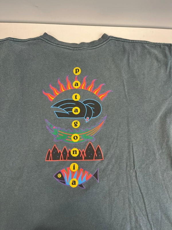 パタゴニア PATAGONIA 90s Vintage ヴィンテージ 雪なしタグ USA製 生態系 絶滅危惧種 プリントTシャツ 半袖カットソー XL Tシャツ グリーン LLサイズ 101MT-4699