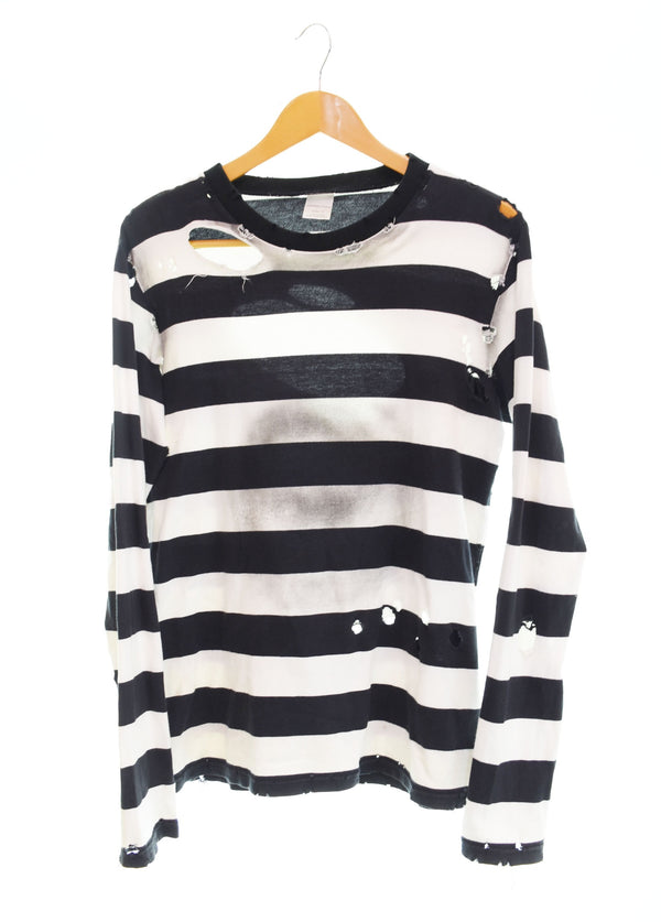 ナンバーナイン  NUMBER (N)INE 02SS モダンエイジ期 ルーズサイズ ボーダー 長袖カットソー クラッシュ加工 アーカイブ 3 ロンT ブラック 103MT-2494