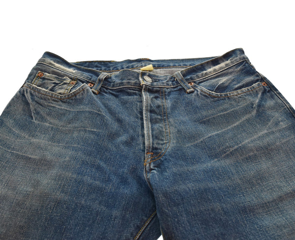 ダブルアールエル RRL ボタンフライ ストレートデニム 日本製 ダメージ加工 青耳 革パッチ デニム ブルー 32/34 103MB-586