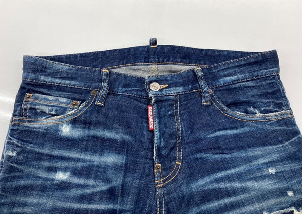ディースクエアード DSQUARED2 22AW SLIM JEANS スリム ジーンズ デニム パンツ ダメージ加工 ボタンフライ 紺 ワンポイント S74LB1152 S30342 デニム ネイビー サイズ46 104MB-393