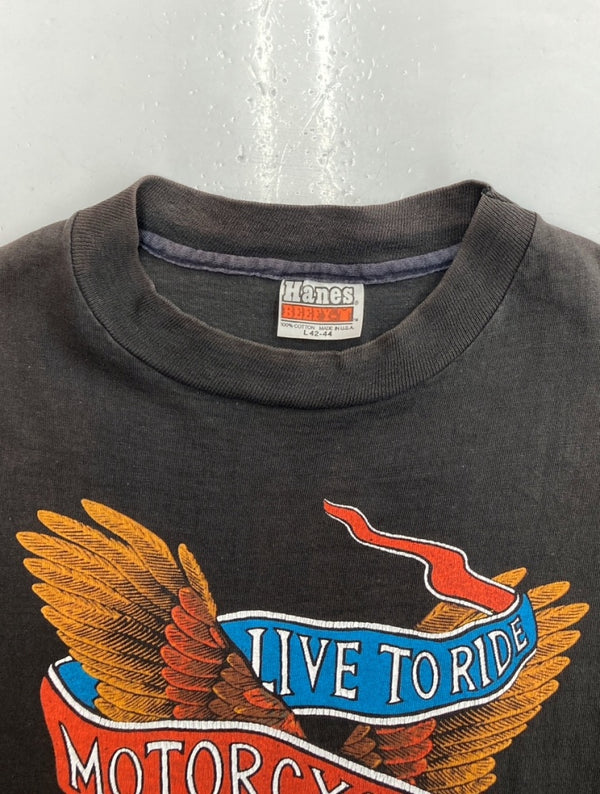 ヴィンテージ vintage 70s 80s Harley Davidson ハーレー ダビッドソン S/S TEE 半袖 Tシャツ Hanes モーターサイクル 黒 L 42-44 Tシャツ プリント ブラック 104MT-1187