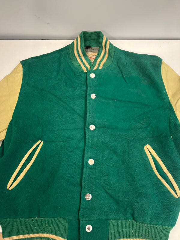 ヴィンテージ vintage 50's 50年代 TIMBERLINE ウール スタジャン バーシティジャケット アワードジャケット 袖レザー ツートン ベージュ 38 ジャケット グリーン 101MT-5450