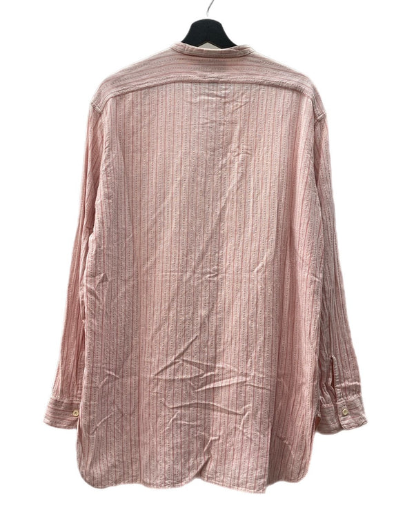 ダブルアールエル RRL 90s 三ツ星タグ バンドカラー ノーカラー マチ付き  グランパシャツ リネン混 長袖シャツ ストライプ ピンク Lサイズ 104MT-2060