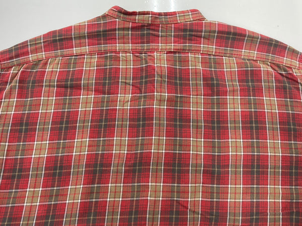 ダブルアールエル RRL 90s 90年代 三ツ星タグ FLANNEL SHIRT フランネル ネルシャツ バンドカラー ノーカラー  長袖シャツ チェック レッド Lサイズ 104MT-2075