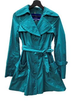 バーバリー Burberry ロンドン LONDON ブルーレーベル BLUE LABEL 三陽商会 トレンチコート ウエストベルト ポリエステル ターコイズブルー E1A61-340-74 ジャケット グリーン SIZE36 104LT-179