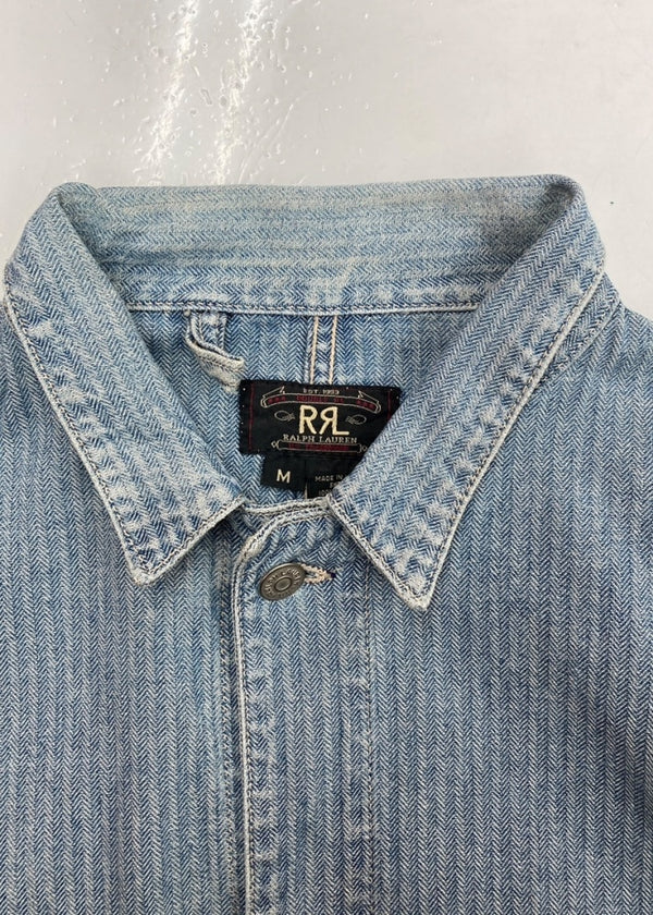 ダブルアールエル RRL 90s COVERALL JACKET カバーオール ジャケット 三ツ星タグ ヘリボーン USA製 Ralph Lauren 青 ジャケット ロゴ ブルー Mサイズ 104MT-1362