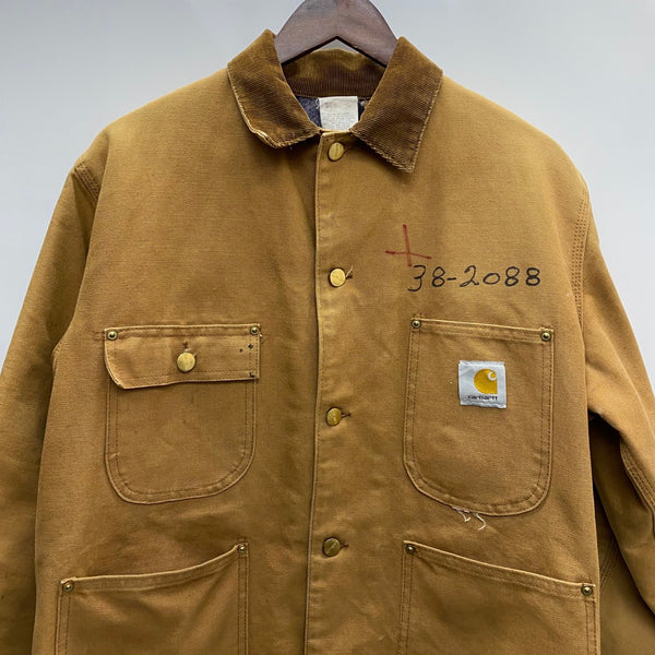 【曜日割引対象外】 カーハート Carhartt 80's ミシガンチョアコート フード付き ダックカバーオール USA製 ジャケット ベージュ 38サイズ 201MT-3737 VB
