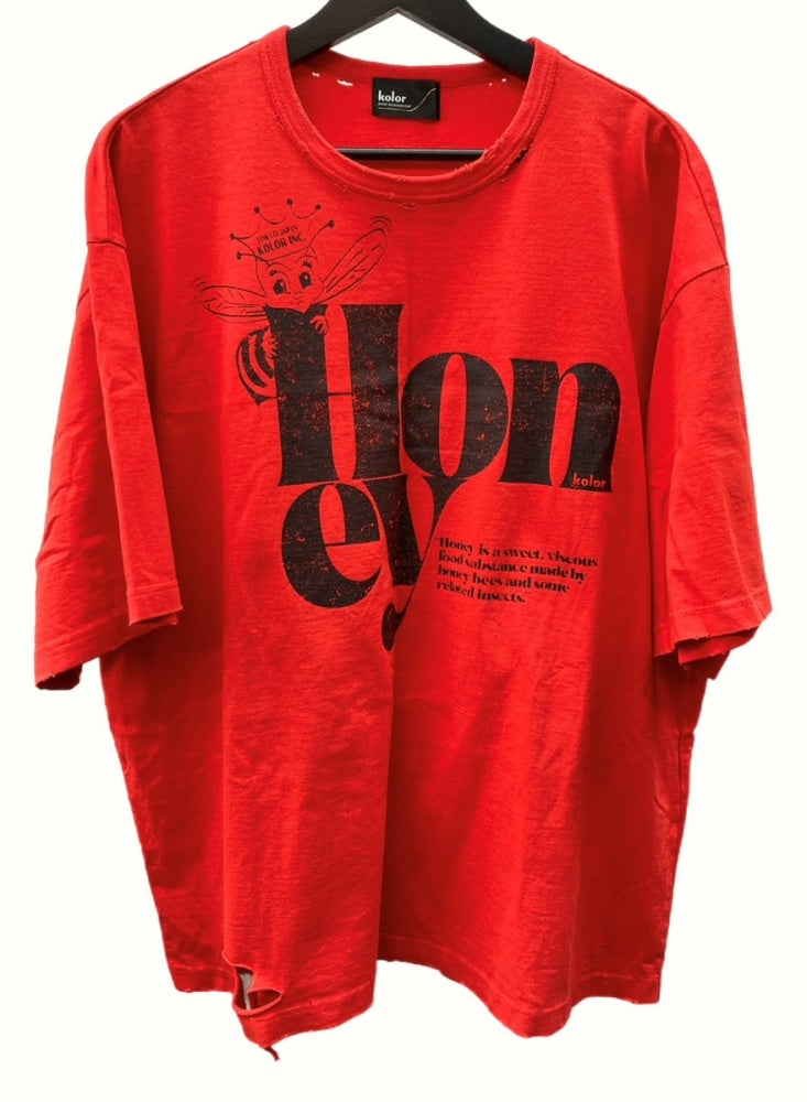 カラー kolor 21AW PRINT DESTROY TEE HONEY TEE デストロイ加工 トップス 半袖 クルーネック RED 赤  21WCM-T10208 SIZE3 Tシャツ プリント レッド 104MT-301 | 古着通販のドンドンサガール