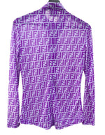 フェンディ FENDI ジーンズ JEANS ズッカ柄 ロングスリーブ ブラウス ステンカラー シアー フロントボタン ロゴボタン ウエストライン イタリア製 PURPLE 紫 10.54224 長袖シャツ 総柄 パープル 104LT-231