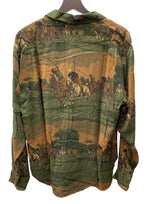 ラルフローレン RalphLauren 90's 90年代 オープンカラー 開襟 ステンカラー フロントボタン レーヨン 馬 HORSE ヴィンテージ VINTAGE マレーシア製 グリーン系 ブラウン系 SIZE12 長袖シャツ 総柄 マルチカラー 104MT-2038