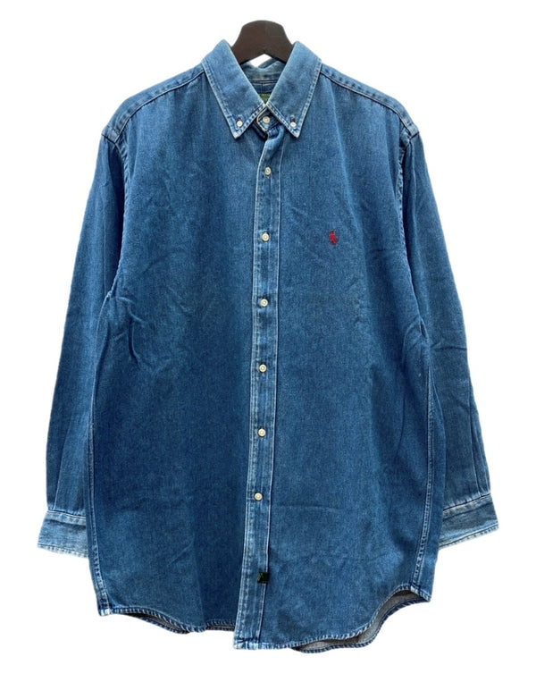 ラルフローレン RalphLauren POLO COUNTRY 90s BUTTONDOWN DENIM SHIRT ボタンダウン デニム シャツ ワーク 長袖 インディゴ 青 長袖シャツ ロゴ ブルー Lサイズ 104MT-2266