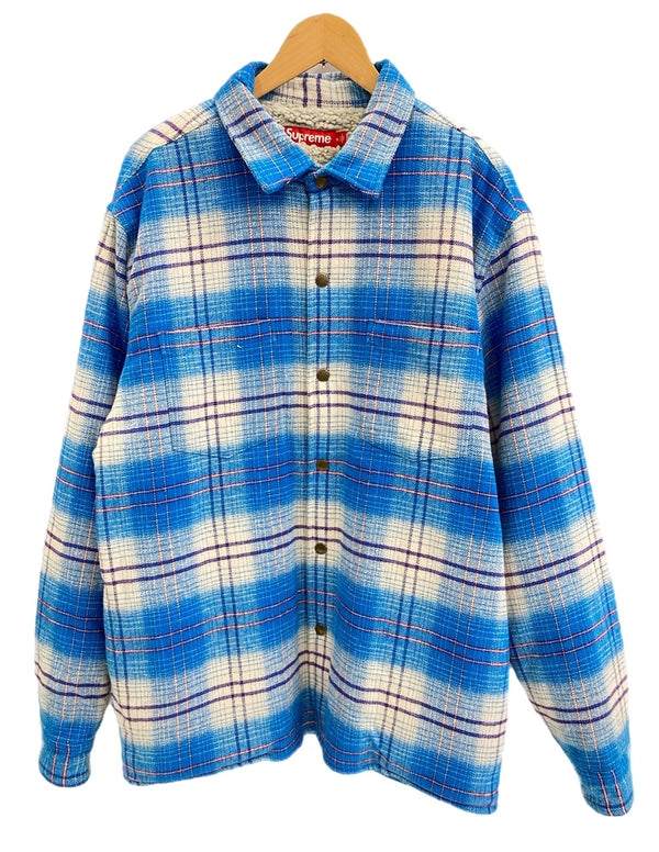 シュプリーム SUPREME Lined Flannel Snap Shirt バックロゴ チェック柄 裏ボア フランネル スナップボタン シャツ シャツジャケット XL ジャケット ブルー LLサイズ 101MT-3686