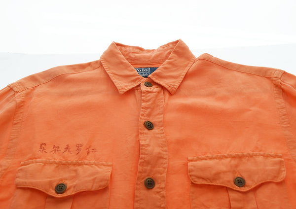 ラルフローレン RalphLauren 90s ドラゴン リネンシルク 長袖シャツ オレンジ Sサイズ 103MT-2779
