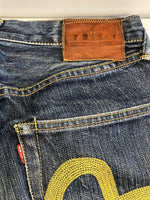 エヴィス EVISU Lot.2001 黄色刺繍カモメ ボタンフライ 緑耳 迷彩柄ポケット 日本製 MADE IN JAPAN デニム ブルー 30×35 101MB-768