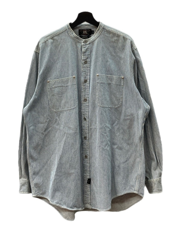 ダブルアールエル RRL 90s BAND COLLAR SHIRT JACKET バンド カラー シャツ ジャケット ワーク 三ツ星タグ Ralph Lauren 青 ジャケット ストライプ ブルー Lサイズ 104MT-1502