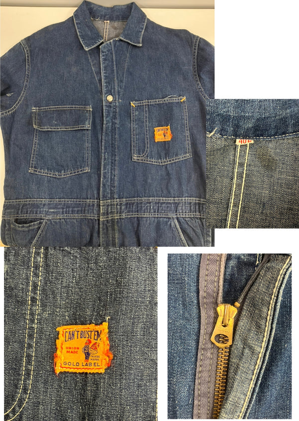 キャントバステム CAN'T BUST EM 60’s 60年代 GOLD LABEL ニワトリ ガチャポケ デニム オールインワン ジャンプスーツ 五角形TALON ZIP タロン VINTAGE ヴィンテージ つなぎ・オーバーオール ブルー Lサイズ 40L 101MB-615