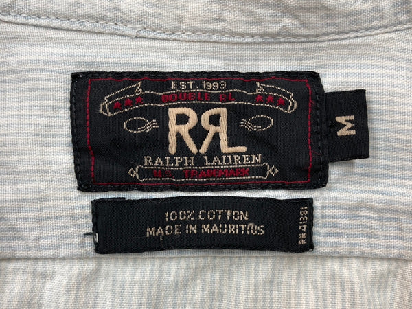 ダブルアールエル RRL 90s 三ツ星タグ ガチャポケ シャンブレー  猫目ボタン ワークシャツ 水色 生成り 長袖シャツ 無地 ブルー Mサイズ 104MT-2058