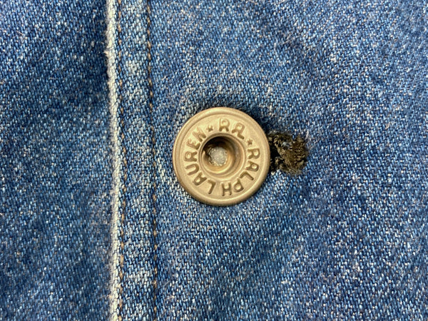 ダブルアールエル RRL 90s 90年代 三ツ星タグ デニム テーラードジャケット ドーナツボタン USA製 紺 ジャケット 無地 ブルー Lサイズ 104MT-2019