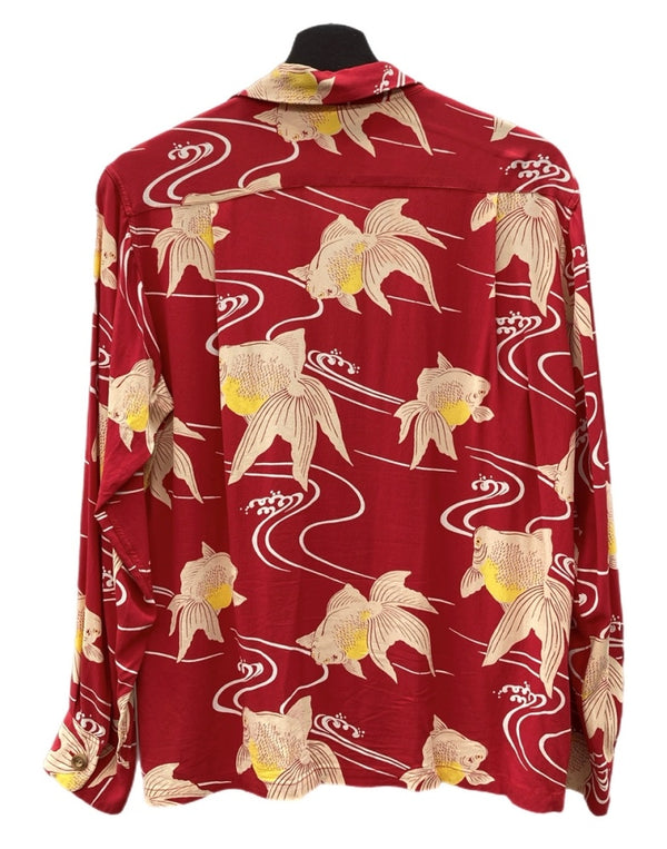 サンサーフ SUN SURF ALOHA SHIRT アロハ シャツ ハワイアン オープンカラー ボタン GOLDFISH 金魚 開襟 長袖 薄手 赤 SS24845 長袖シャツ 総柄 レッド Sサイズ 104MT-2326