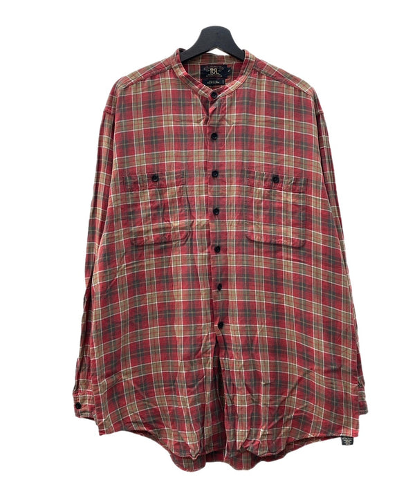 ダブルアールエル RRL 90s 90年代 三ツ星タグ FLANNEL SHIRT フランネル ネルシャツ バンドカラー ノーカラー  長袖シャツ チェック レッド Lサイズ 104MT-2075