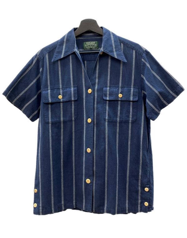 ラルフローレン RalphLauren COUNTRY 90s STRIPE S/S SHIRT ストライプ 半袖 シャツ フラップポケット インパクト21 紺 サイズ 7 半袖シャツ ストライプ ネイビー 104MT-2353
