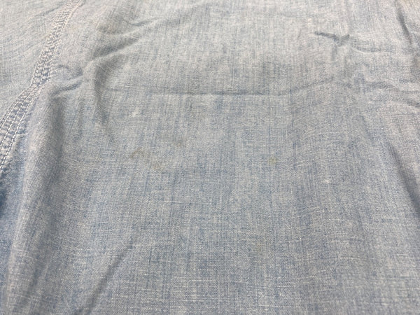 ダブルアールエル RRL 三ツ星タグ DENIM SHIRT デニム バンドカラー シャンブレー フロントボタン ヴィンテージ VINTAGE ラルフローレン RALPH LAUREN マレーシア製 ライトブルー 水色 長袖シャツ 無地 ブルー Sサイズ 104MT-1955