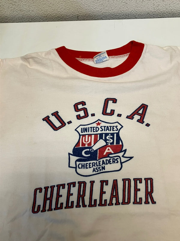 チャンピオン Champion 70's 70年代 バータグ USCA UNITED STATES CHEERLEADERS 染み込み プリント vintage ヴィンテージ made in USA アメリカ製 リンガーＴ Tシャツ ベージュ Mサイズ 101MT-4038