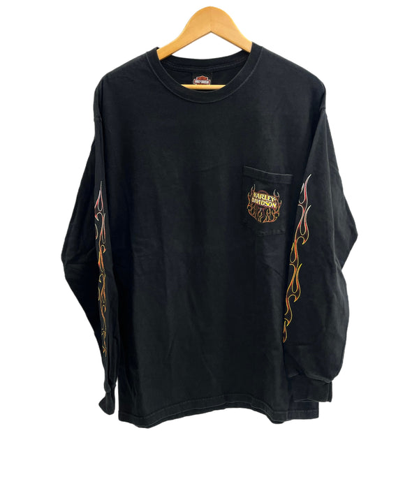 ハーレーダビッドソン Harley-Davidson 00’s  バーアンドシールドロゴ モーターサイクル パイレーツ 海賊 フレイム ファイヤーパターン 袖プリント 両面プリント VINTAGE ヴィンテージ ポケット ロングスリーブ ロンT ブラック Lサイズ 101MT-4572