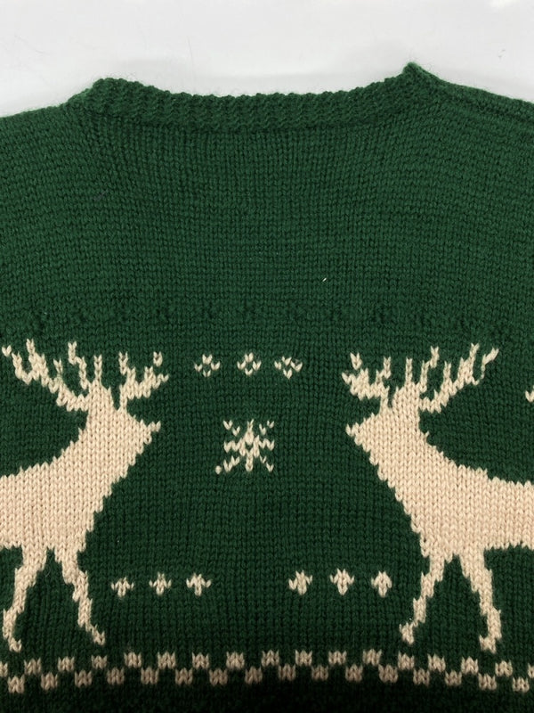 ダブルアールエル RRL 90s WOOL VEST ウール ベスト カウチン ボタン Vネック HAND KNIT トナカイ柄 三ツ星タグ Ralph Lauren ラルフローレン 緑 ベスト 総柄 グリーン Mサイズ 104MT-1747