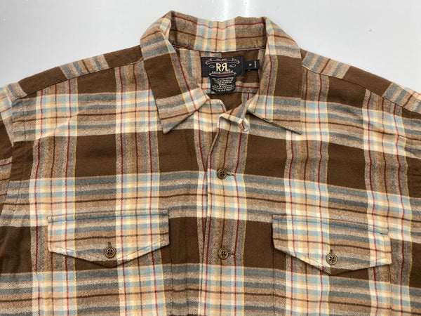 ダブルアールエル RRL 90s 90年代 三ツ星タグ フランネル ネルシャツ オープンカラー 開襟 ボックスカット 茶色 長袖シャツ チェック ブラウン 104MT-2016
