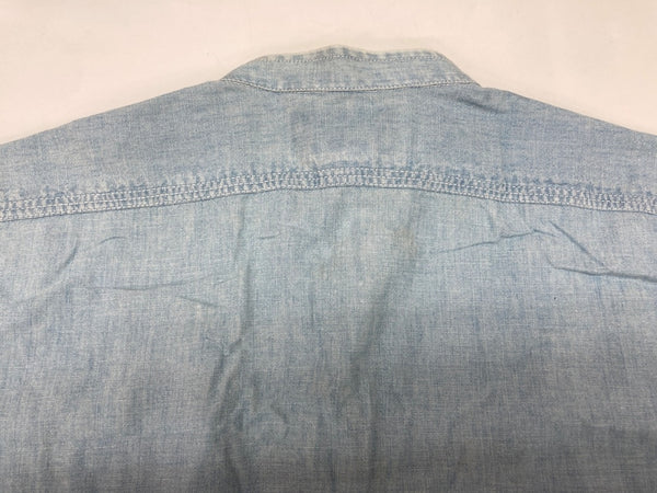 ダブルアールエル RRL 三ツ星タグ DENIM SHIRT デニム バンドカラー シャンブレー フロントボタン ヴィンテージ VINTAGE ラルフローレン RALPH LAUREN マレーシア製 ライトブルー 水色 長袖シャツ 無地 ブルー Sサイズ 104MT-1955